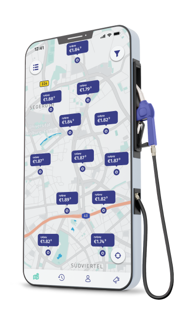 Ein Smartphone in Zapfsäulen-Optik, zeigt eine Karte mit Tankstellen in der ryd App.