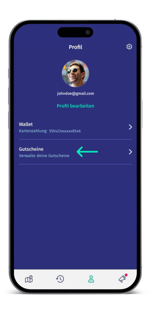 Ein Smartphone zeigt die Ansicht des Profils in der ryd App. Ein Pfeil zeigt auf den Reiter "Gutscheine".