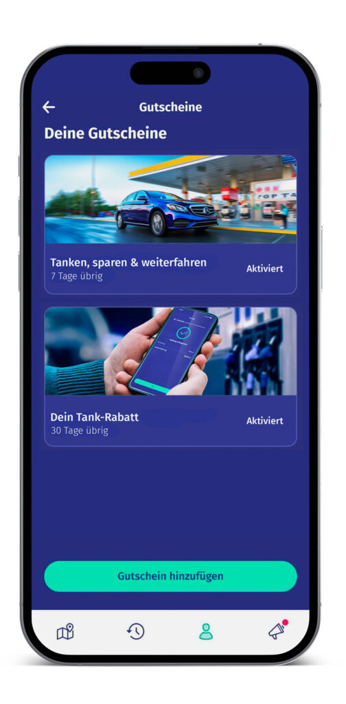 Ein Smartphone zeigt die Übersicht der Gutscheine in der ryd App.