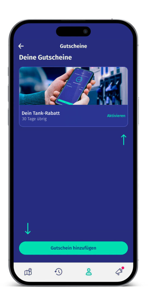 Ein Smartphone zeigt das Gutschein Wallet in der ryd App. Pfeile zeigen auf "Aktivieren" und "Gutschein hinzufügen".