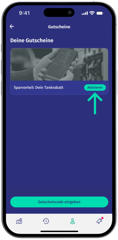 Ein Smartphone zeigt das Gutschein Wallet in der ryd App sowie Anweisungen, wie man einen Gutschein hinzufügt und aktiviert.