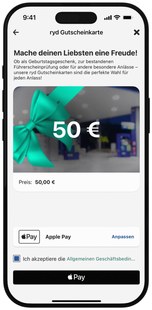 Ein Smartphone zeigt eine 50€ Gutscheinkarte in der ryd App.