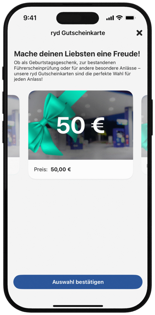 Ein Smartphone zeigt eine 50€ Gutscheinkarte in der ryd App.